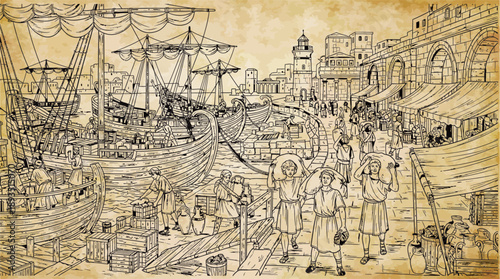 Detailed sepia-toned drawing of a bustling ancient port city with numerous ships, merchants, and workers engaged in trade activities.