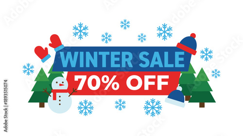 70% Off on Seasonal Items in a Festive Environment with Snowman and Trees