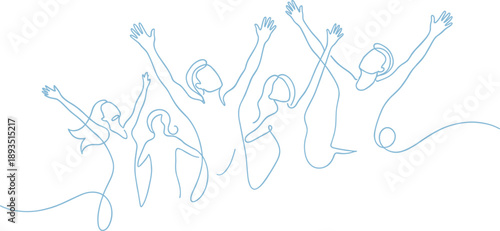 Joyful diverse group celebrating together, minimalist single line art of happy people raising arms in unity, abstract crowd illustration