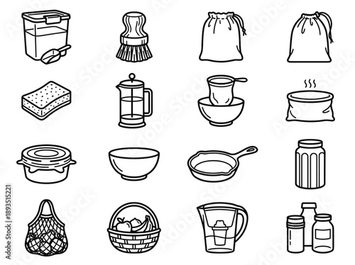 Zero Waste Kitchen: Bulk food bin, wooden dish brush, linen bread bag, compostable sponge, French press, nut milk bag, silicone lid, ceramic bowl, cast iron skillet, mesh produce bag, fruit basket, wa