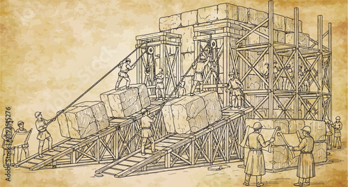 Detailed illustration of ancient workers constructing a large stone building using ramps and scaffolding.