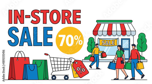 Shopping Frenzy, Local Store, Illustration, Urban Environment, Vibrant Viewpoint, Discount Concept