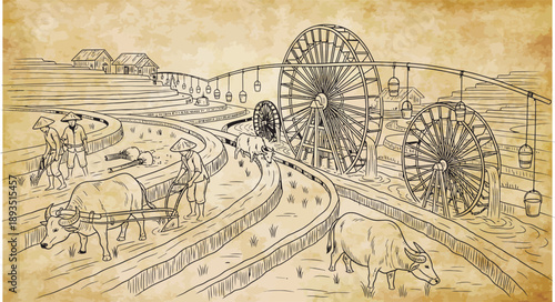 Ancient Asian agricultural landscape with water buffalo, farmers, and large irrigation water wheels in terraced fields.