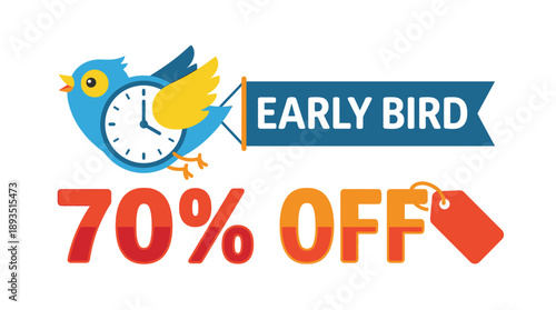 Early Bird Sale, Discount Offer, Shopping Event, Online Market, Promotional Graphics, Vibrant Colors, Exciting Concept