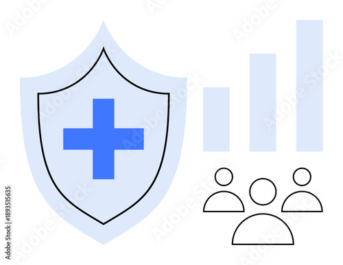 Healthcare security. Shield with medical cross healthcare protection. Group of people and bar chart reinforce healthcare security, insurance, and safety. For medical records, health systems