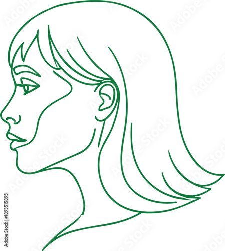 Profile, side view, of a beautiful woman, with bob haircut, green line art, illustration, female face, outline, vector, minimalist, head, portrait, elegant, isolated, on 