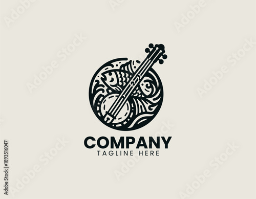 Fish banjo logo combines aquatic animal with music instrument in clean modern vector style