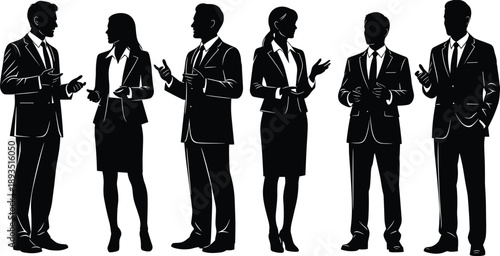 Silhouettes of business professionals in conversation, formal attire, abstract corporate illustration, teamwork, networking, communication, minimalist style
