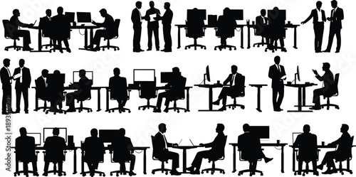 Silhouettes of business people in office scenes, abstract workplace illustration, collaboration, technology, posture, diversity, minimalist style conceptSilhouettes of business people in office 