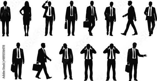 Silhouettes of business professionals in various poses and actions, formal attire, abstract corporate illustration, workplace behavior, communication concept