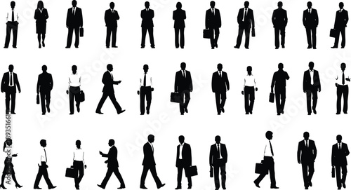 Silhouettes of business professionals in various poses and attire, abstract corporate illustration, posture, diversity, minimalist style concept