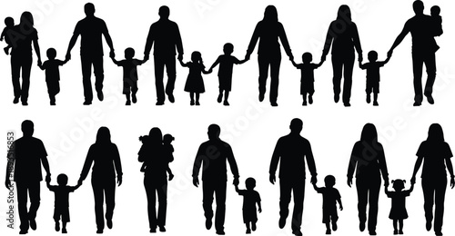 Silhouettes of diverse family groups with children, abstract parenting illustration, unity, love, casual poses, minimalist style, togetherness concept