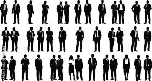 Silhouettes of business professionals in various poses and interactions, abstract corporate illustration, formal attire, teamwork, minimalist style concept