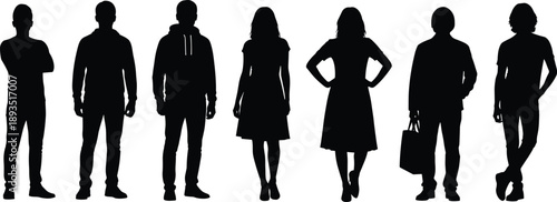 Silhouettes of diverse individuals in casual poses and outfits, abstract human figure illustration, posture, fashion, minimalist style concept