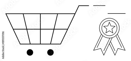 Online shopping, quality assurance, e-commerce certification, customer satisfaction, business excellence, retail standards. A shopping cart and ribbon icon with star. Online shopping and quality