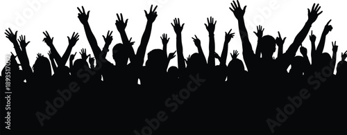 Silhouettes of excited crowd with raised arms, abstract celebration illustration, unity, enthusiasm, collective action, minimalist style, public gathering