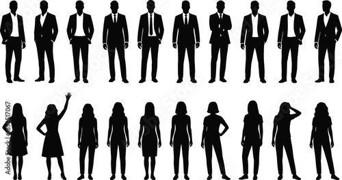 Silhouettes of formal and casual people in two rows, diverse attire and posture, minimalist group illustration, business and lifestyle concept