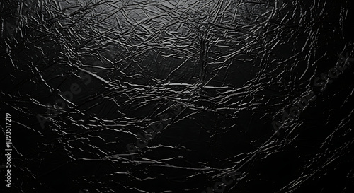 High Contrast Black Wrinkled Texture Background. Crumpled Plastic or Foil Surface.