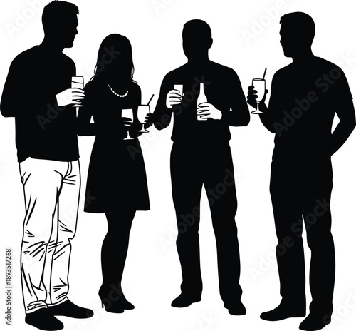 Silhouettes of people holding drinks at social gathering, minimalist party illustration, casual interaction, celebration, diversity, modern lifestyle concept