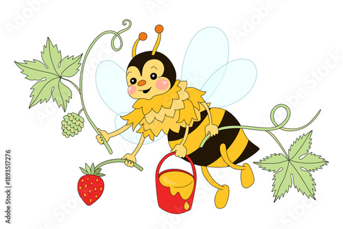 Sweet little bee flies with bucket of honey, strawberry and hop vine.