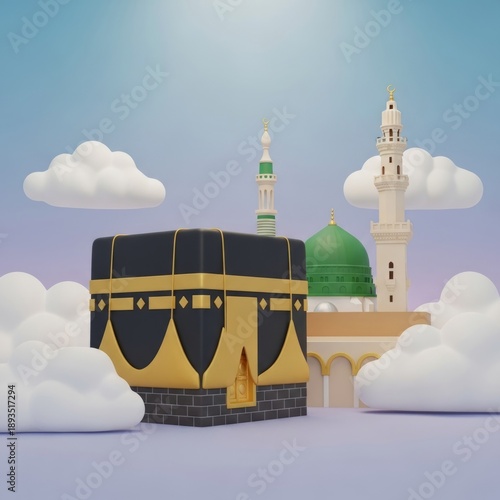 Kaaba and Prophet's Mosque 3D Render: Islamic Holy Sites in Clouds