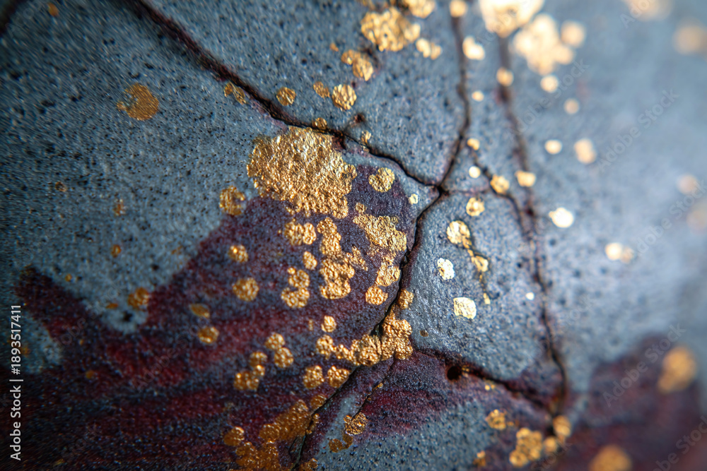 Obraz premium handcrafted ceramic glaze texture in deep slate blue with muted indigo and smoky burgundy undertones, featuring expressive natural crack lines filled with luminous gold metallic accents