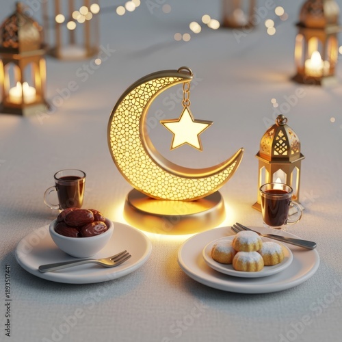 Ramadan Iftar Table: Moon Lantern, Dates, Sweets, and Tea with Festive Lights