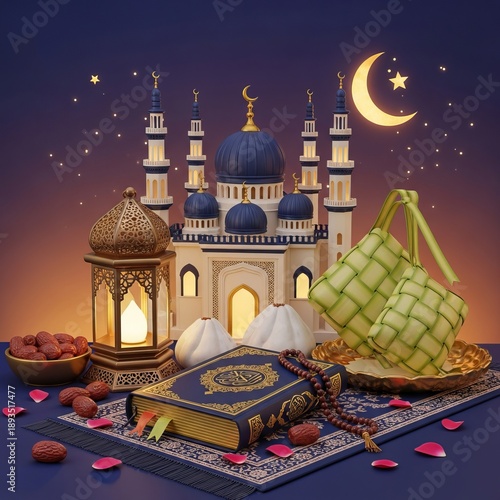Ramadan Kareem Mosque, Quran, Ketupat, Dates, Lantern with Crescent Moon and Stars