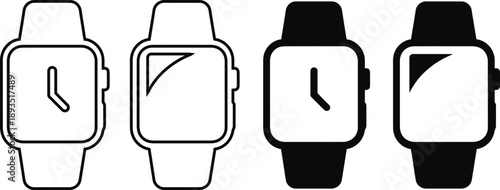 Smartwatch icon set with analog clock and glass reflection, wearable technology vector line and glyph style.