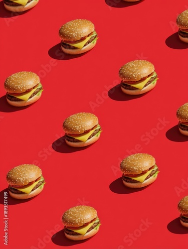 Fast food background with burgers and french fries for street food and junk food design. Tasty colorful composition for restaurant menus, banners, posters and promotional projects.