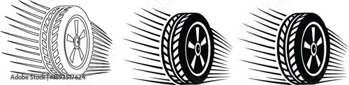 Set of three speeding car tire icons with motion blur lines for automotive performance and racing concepts