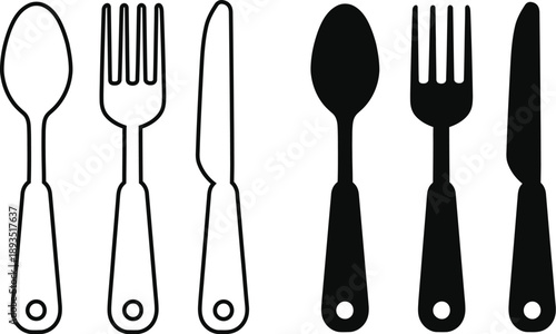 Set of spoon fork and knife cutlery icons in outline and silhouette style for restaurant or kitchen design