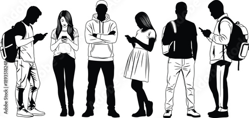Silhouettes of young adults using smartphones in casual outfits, abstract digital behavior illustration, posture, technology, minimalist style concept