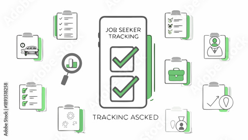 Flat vector illustration of job seeker tracking, checklist, and organized documents on mobile