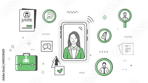 Flat illustration of professional receiving job offer on phone with resume and briefcase