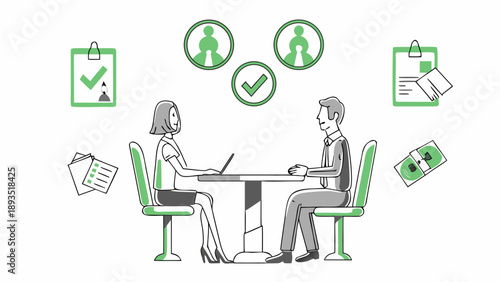 Vector illustration of a job interview between businessman and candidate at a desk