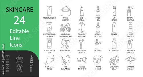 Skincare Line Icon set. Contains symbols for Business Partnership, Strategy, Success, and Management. Line vector design for corporate presentations and workflow.