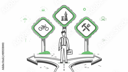 Confident worker standing at crossroads with multiple career path signs