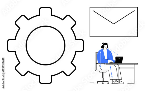 Productivity concept. Gear, email, and a person working at a laptop productivity and workflow efficiency. Productivity in communication, workplace management, and remote work. For business