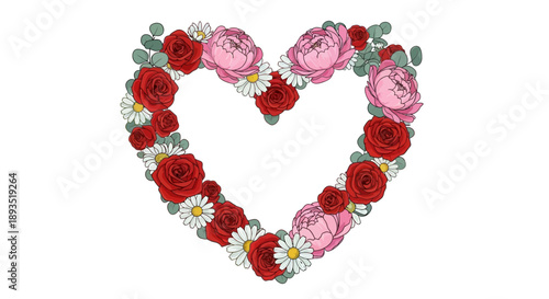 Heart shape made of red and pink roses daisies.