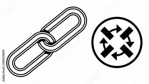 Simple black and white illustration of interlinked chain and circular symbol with arrows indicating direction and movement from a straightforward perspective