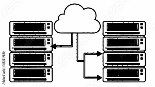 Data transfer between servers via cloud storage depicted in simple illustration from a straightforward viewpoint