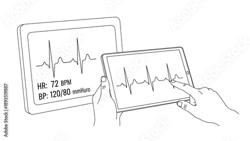 Hand Holding Tablet Showing ECG Monitor Representing Cardiac Tracking Remote Monitoring and Clinical Telemetry Vector Illustration
