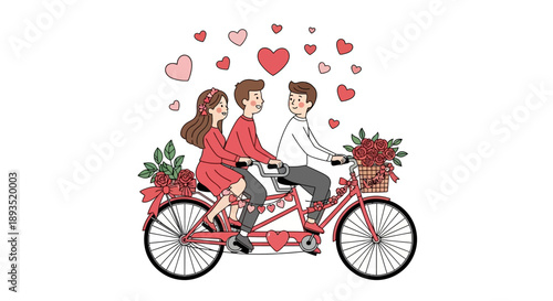 Couple Riding Tandem Bicycle with Flowers.