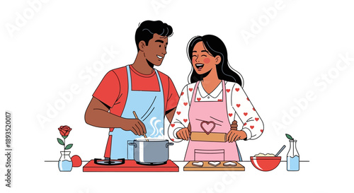Couple cooking together happy couple in kitchen.