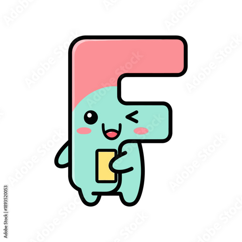 Cute cartoon character holding tablet smiling with blush cheeks and winking eye