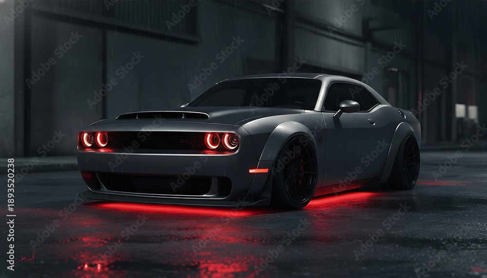 Fototapeta premium A sleek, modern performance vehicle with vibrant red underglow and piercing headlights, embodying power and speed against a dark, mysterious urban backdrop at night