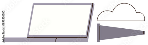 Digital communication, cloud storage, marketing campaigns, data sharing, technology access, and virtual platforms. A laptop with a cloud and megaphone. Digital communication and cloud storage concept