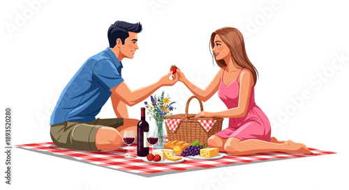 Couple sharing strawberry on picnic blanket.