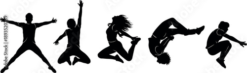 Black Silhouettes of Five Happy People Jumping in the Air Isolated on White Background for Active Lifestyle and Freedom Concepts